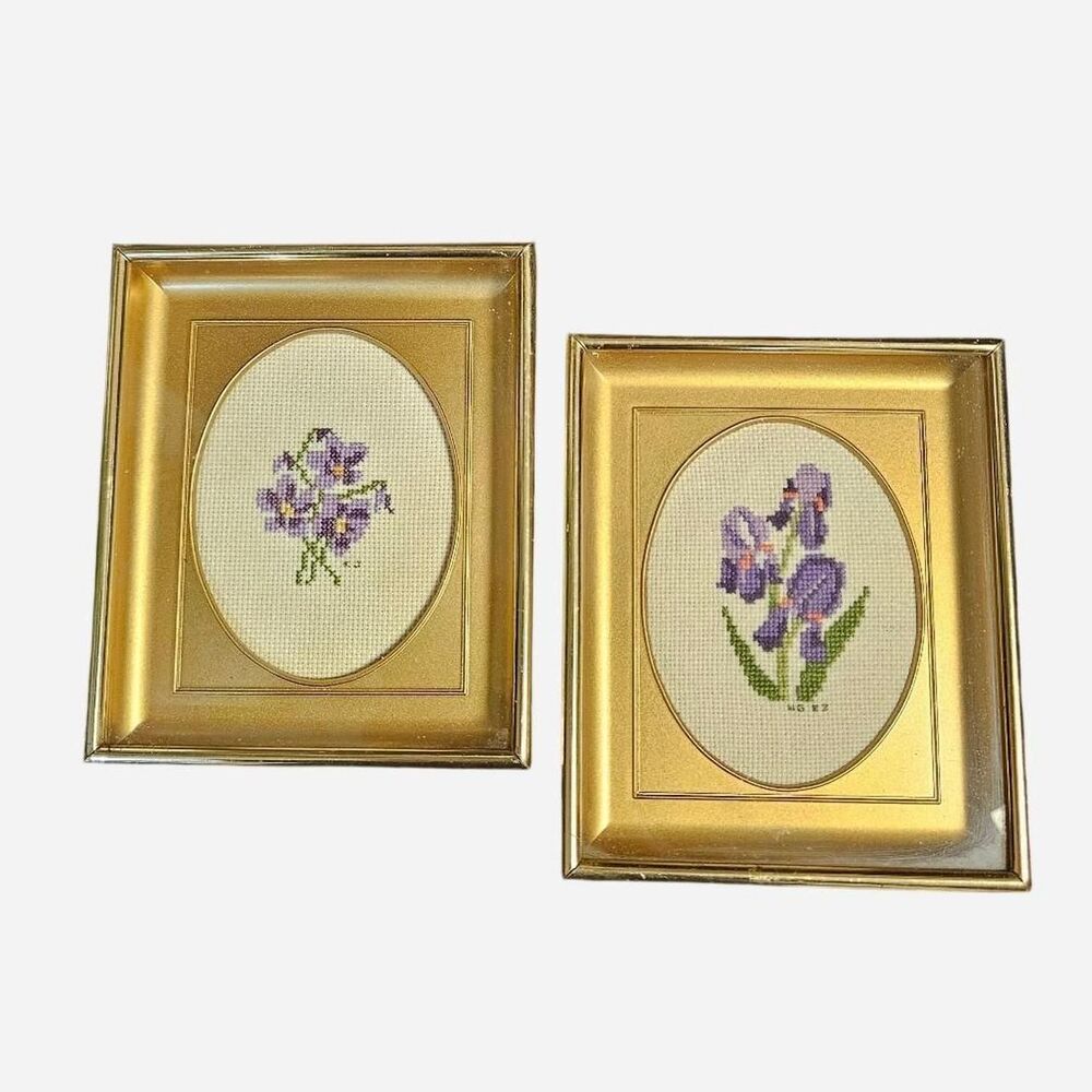 vintage cottagecore coquette small cross stitch purple flowers framed